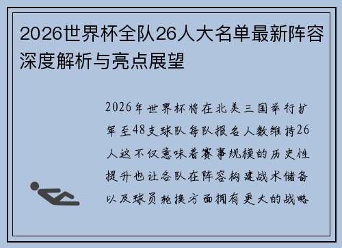 2026世界杯全队26人大名单最新阵容深度解析与亮点展望 2026世界杯全队26人大名单最新阵容深度解析与亮点展望